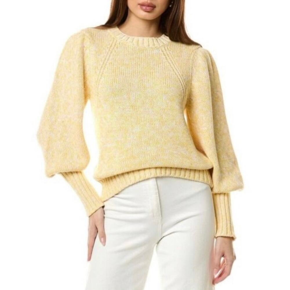 Elie Tahari Cotton Puff Sleeve Chunky Knit Sweater Yellow Cream Size Small